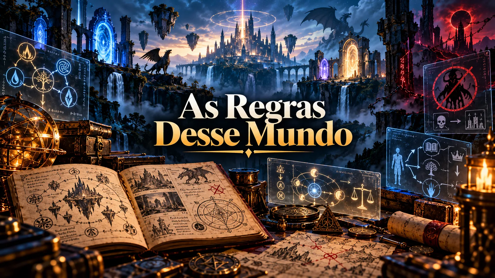 Mundo fantástico com símbolos de poderes e regras sobrenaturais.
