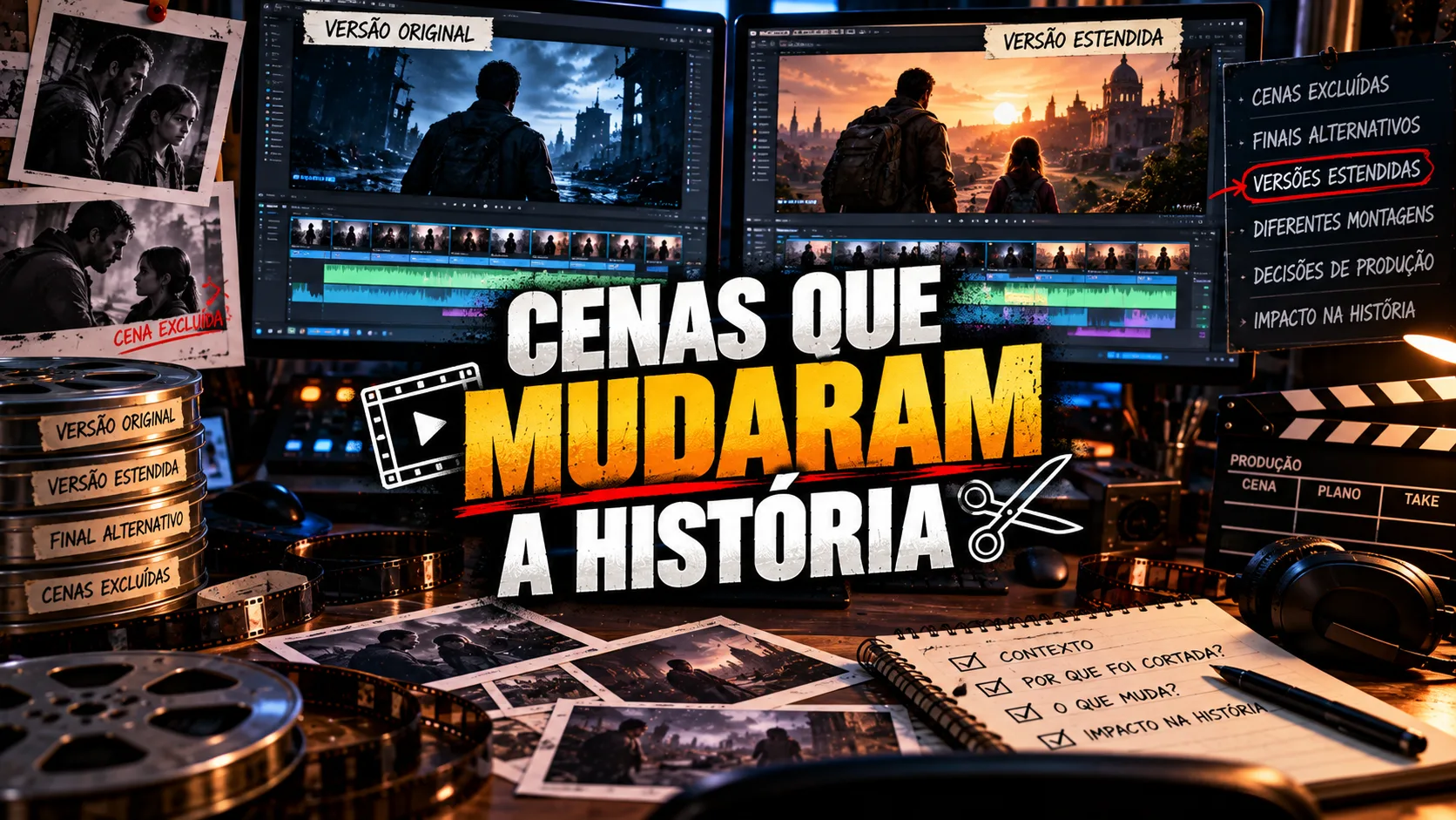 Linha de edição cinematográfica mostrando versões alternativas de uma cena.