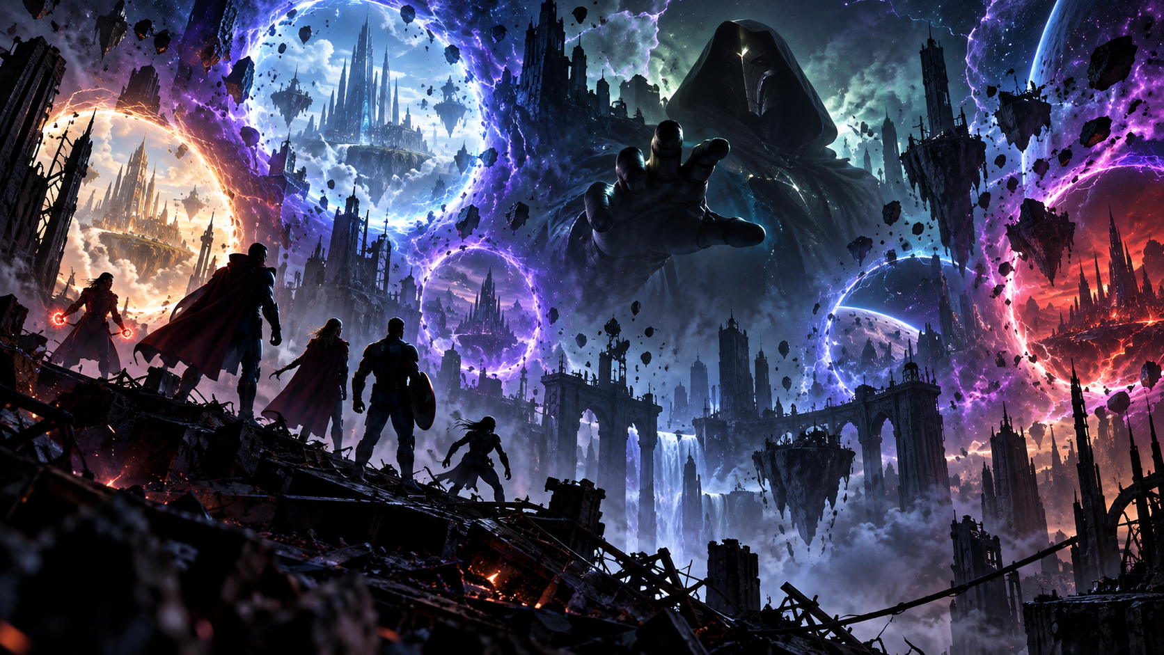 Arte editorial representando a preparação para Vingadores: Doomsday, com universos conectados por portais dimensionais.