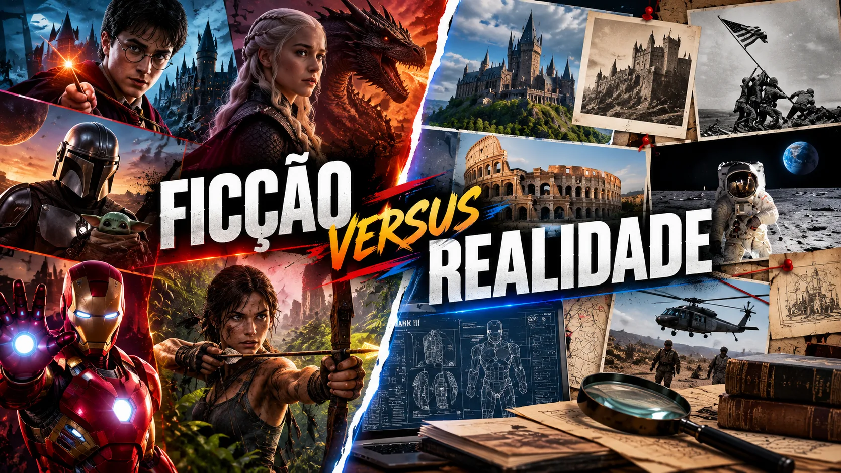 Comparação visual entre uma representação fictícia e a realidade.