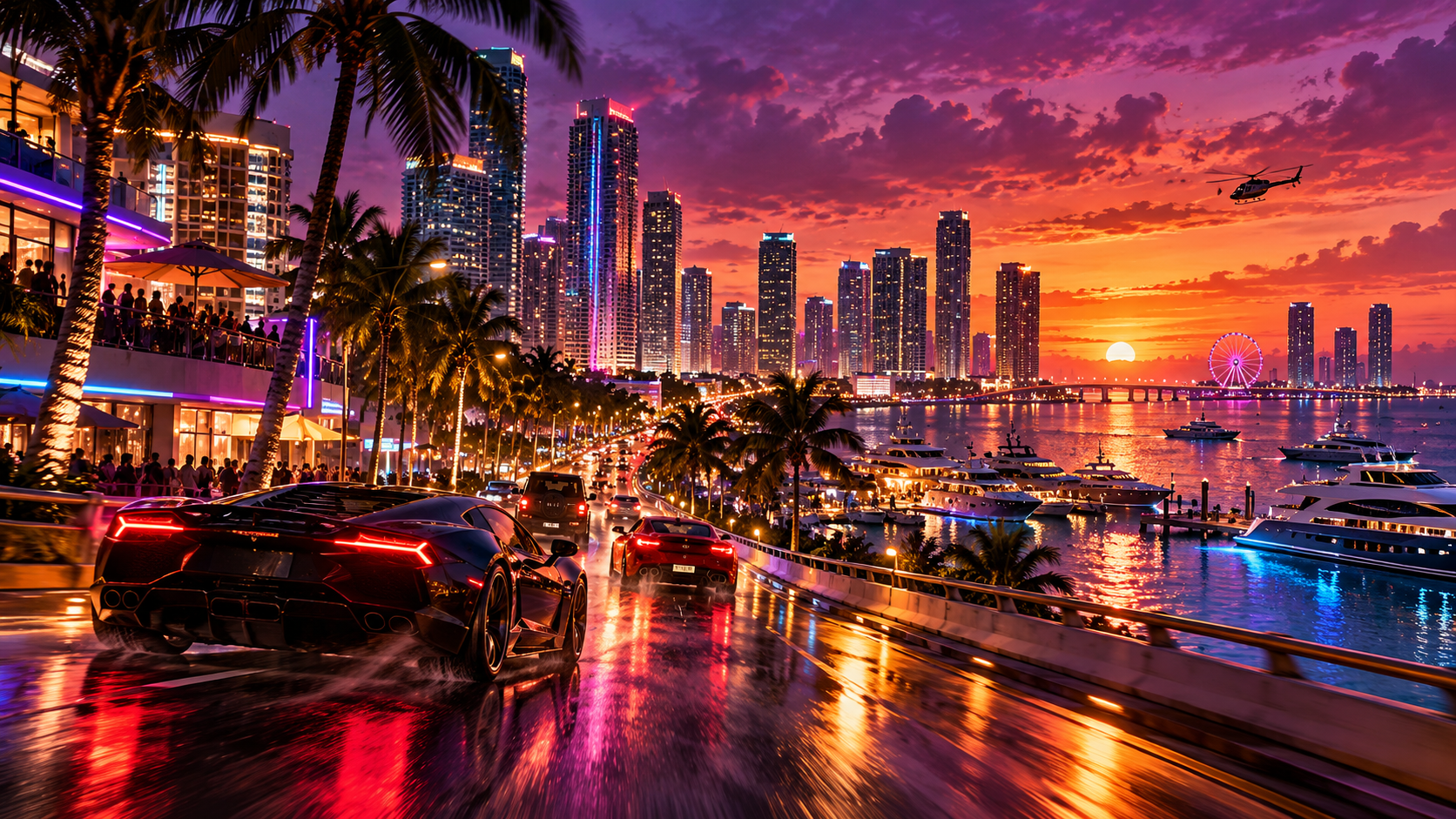 Arte editorial de GTA 6 com cidade litorânea iluminada por néons, carros e paisagem urbana inspirada no universo do jogo.