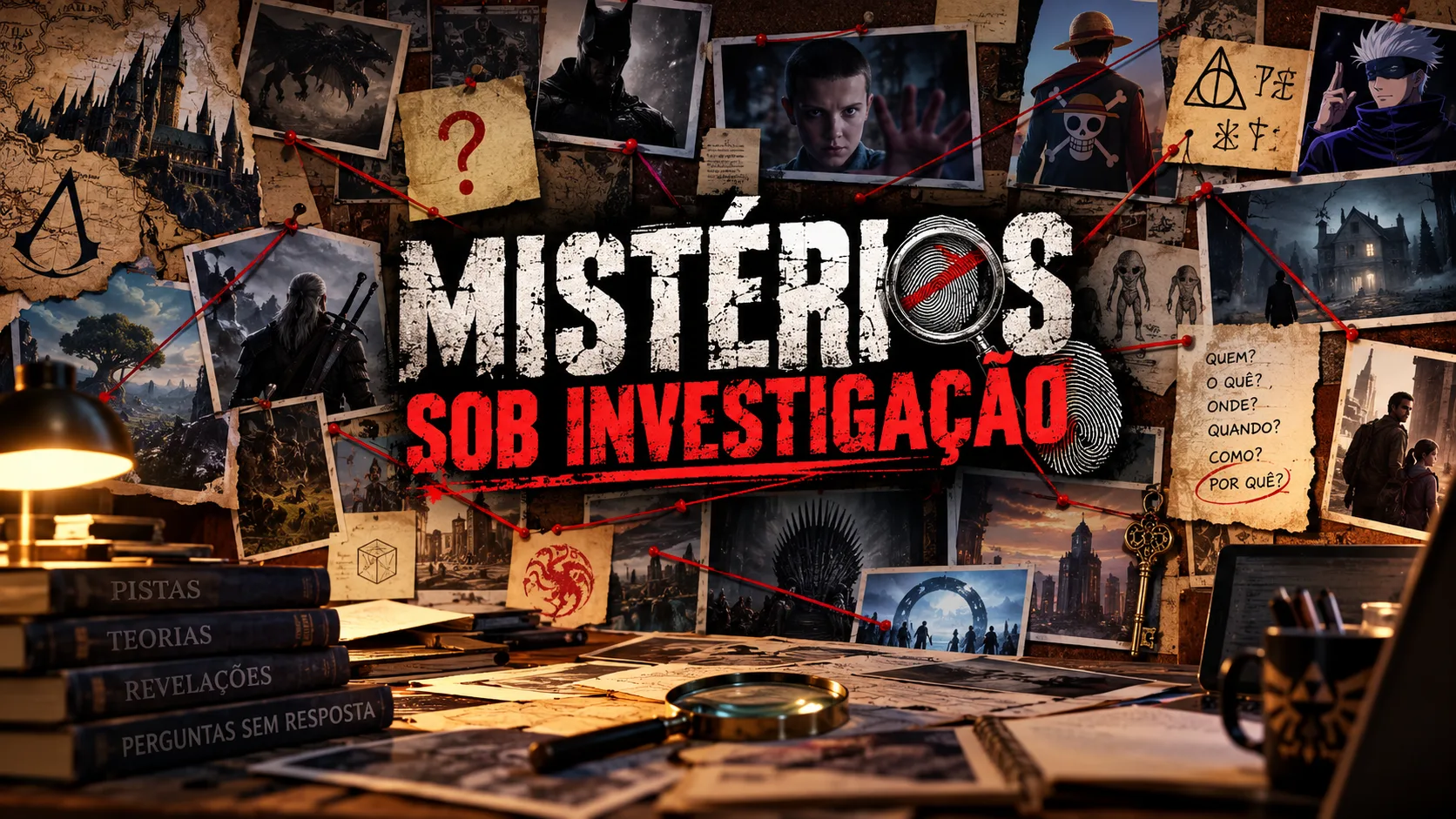 Painel de investigação com pistas e conexões sobre mistérios fictícios.
