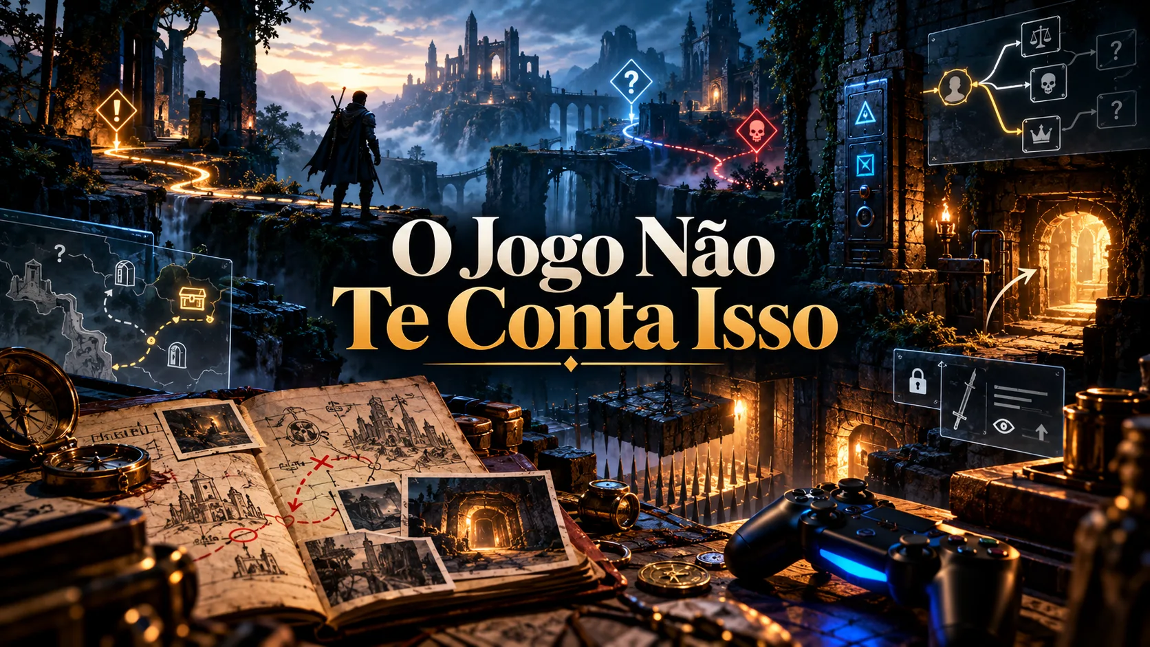 Cenário de videogame com caminhos alternativos e mecanismos ocultos.