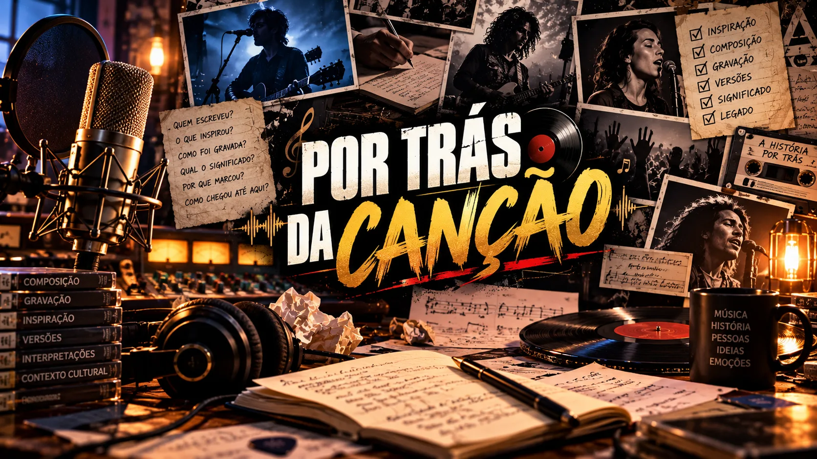 Microfone de estúdio acompanhado por partituras e equipamentos musicais.