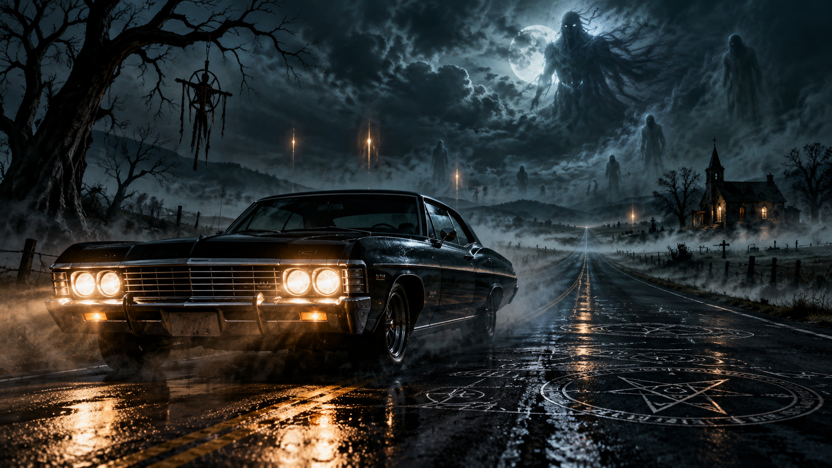 Arte editorial com estrada escura, carro clássico e símbolos sobrenaturais representando a jornada dos irmãos Winchester.