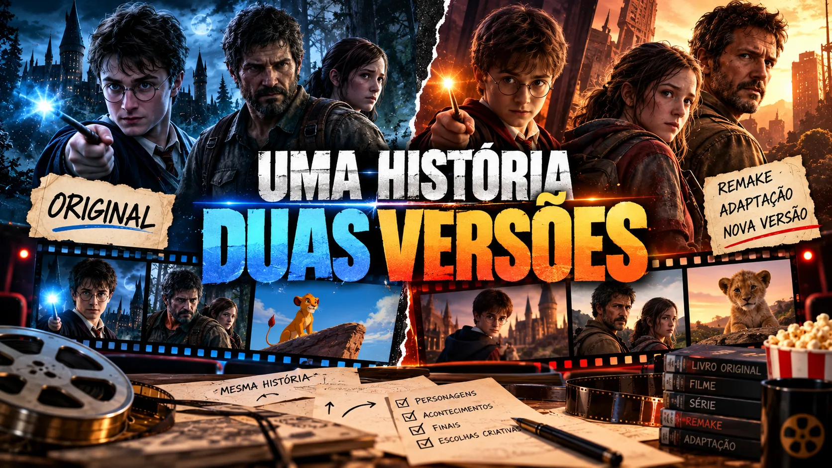 Duas versões cinematográficas de uma mesma história apresentadas lado a lado.