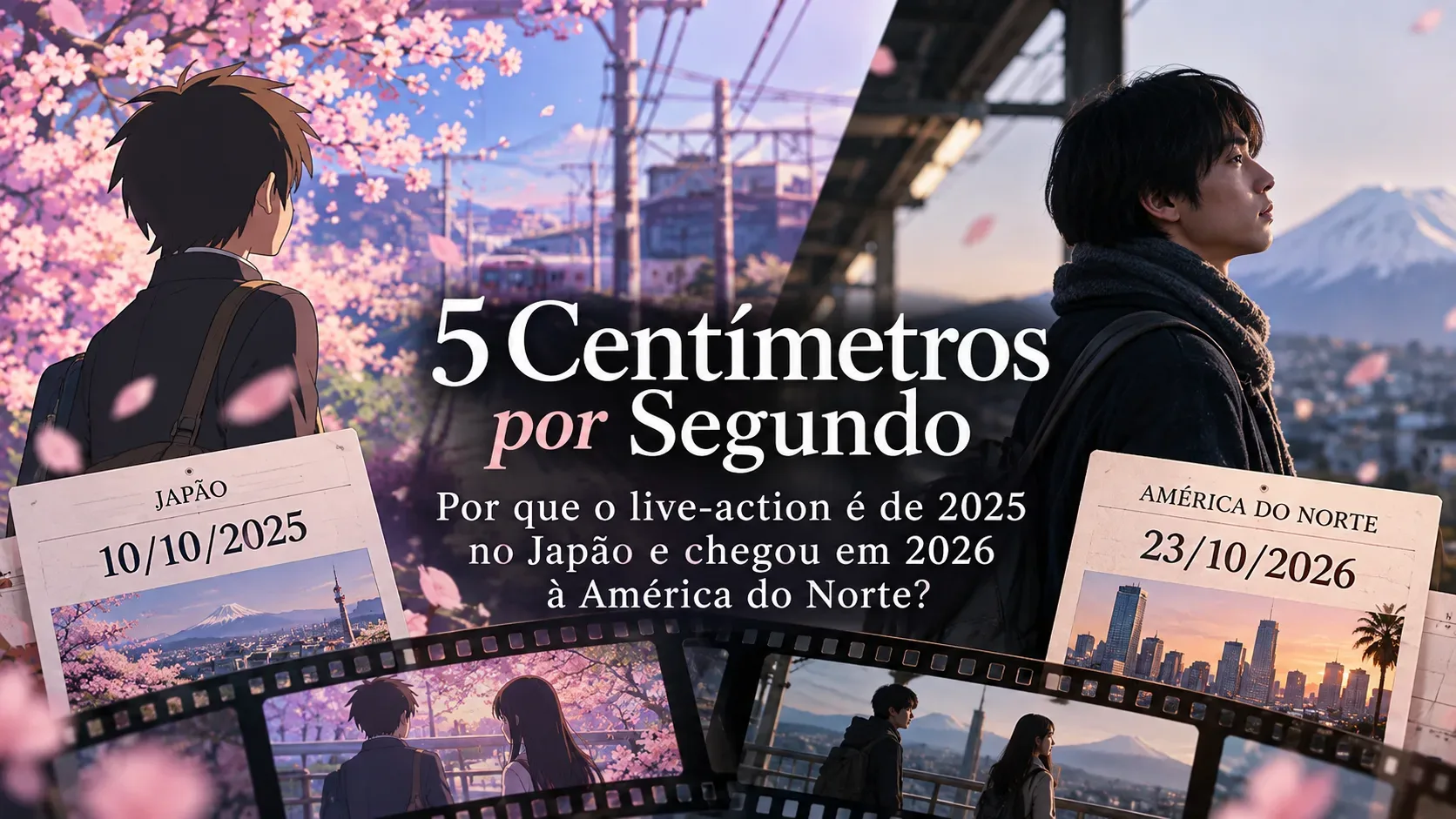 Capa editorial dividida entre ilustração de estudante sob cerejeiras e jovem em cenário realista, com manchete e datas de estreia do Japão e da América do Norte.