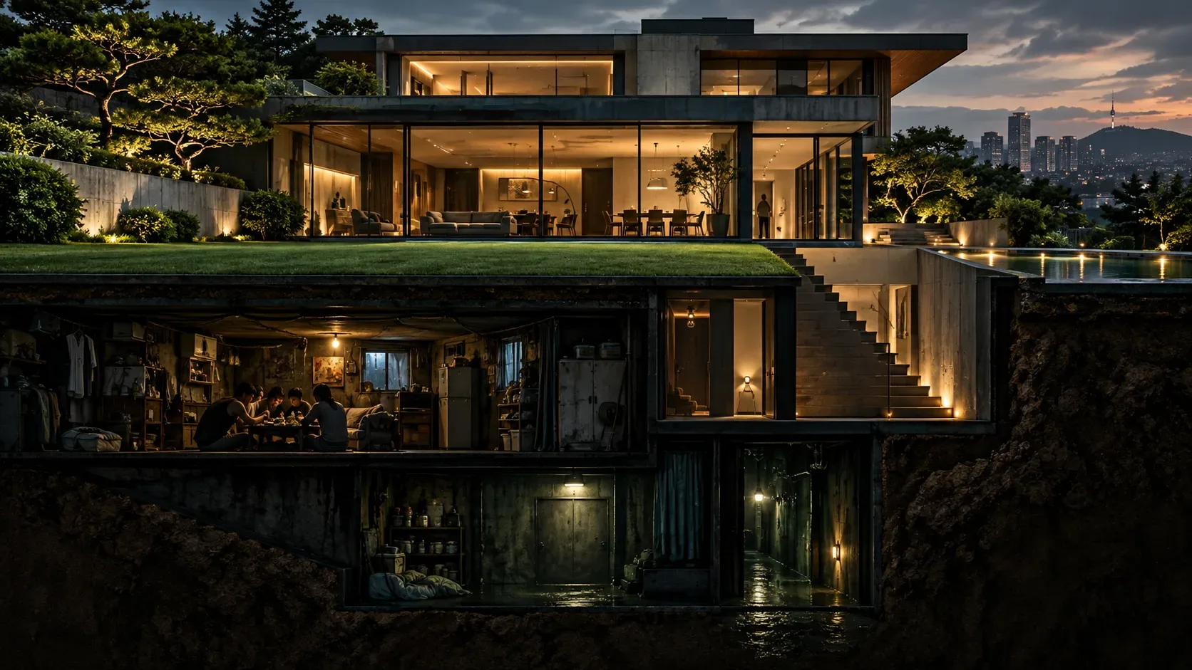 Ilustração em corte de uma mansão moderna com fachada de vidro e gramado, escadas iluminadas e ambientes subterrâneos escuros e apertados.