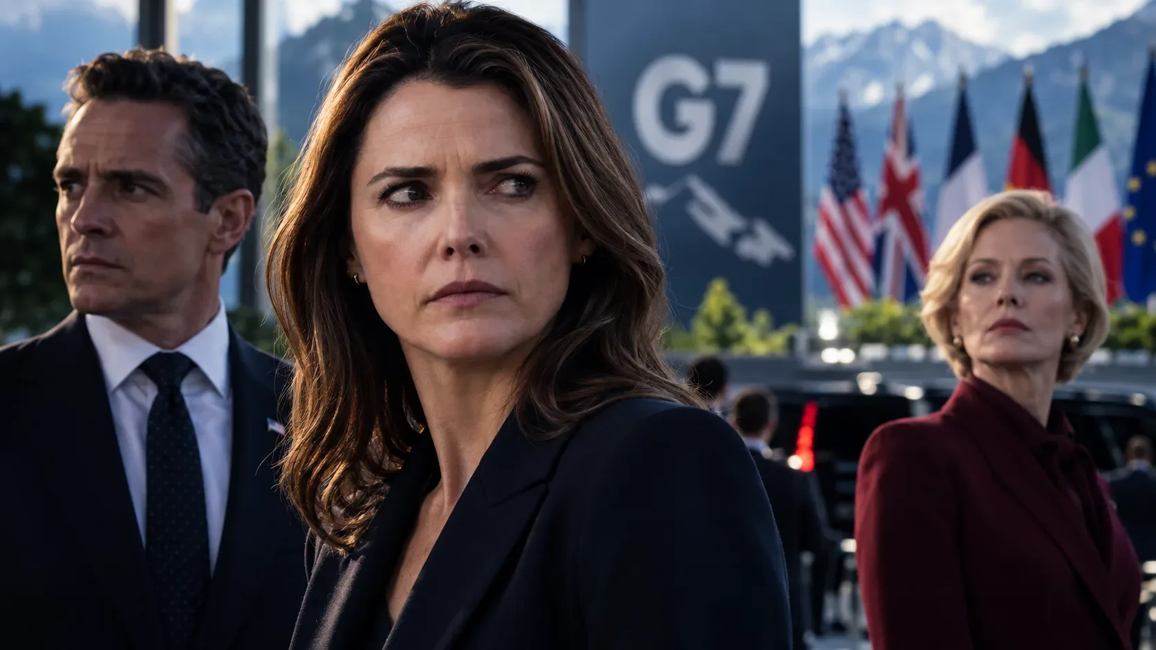 Composição editorial com mulher de cabelos escuros em primeiro plano, homem de terno à esquerda e mulher loira à direita, diante de bandeiras internacionais e da identificação G7.