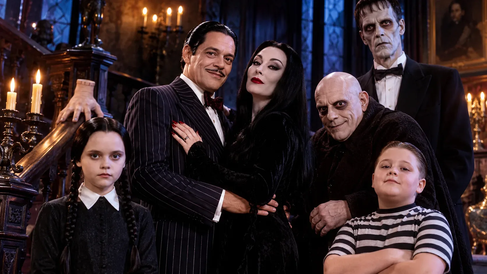 Gomez, Mortícia, Tio Chico, Vandinha, Feioso e o mordomo Tropeço reunidos na mansão gótica, com velas e Mãozinha sobre o corrimão.