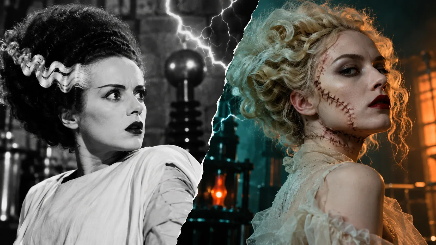 Arte editorial dividida por relâmpago: à esquerda, mulher com penteado alto em preto e branco; à direita, figura loira com cicatrizes no rosto, em cenário colorido.