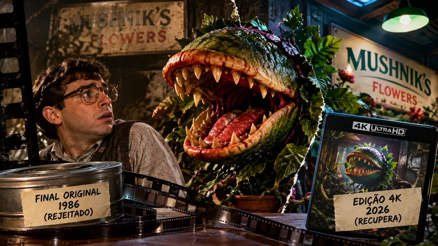 Arte ilustrativa com um jovem assustado diante de uma planta carnívora gigante, rolos de filme e um estojo 4K, com anotações sobre o final original e a edição de 2026.