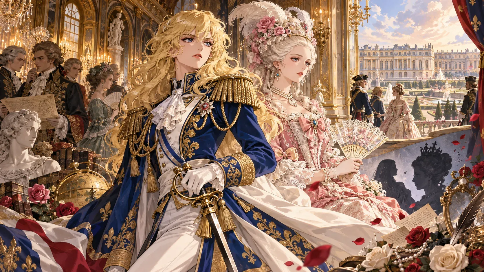 Ilustração em estilo anime de uma oficial loira de uniforme azul e espada ao lado de uma dama com vestido rosa, entre salões dourados e jardins de Versalhes.