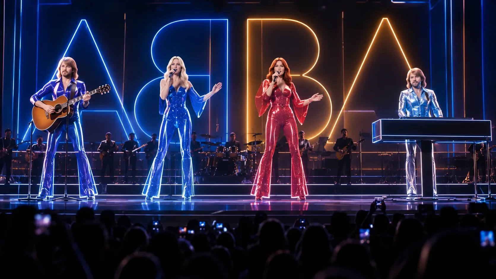 Arte editorial de quatro avatares inspirados no ABBA em palco iluminado de azul e vermelho, com letreiro luminoso ABBA, banda ao fundo e público à frente.