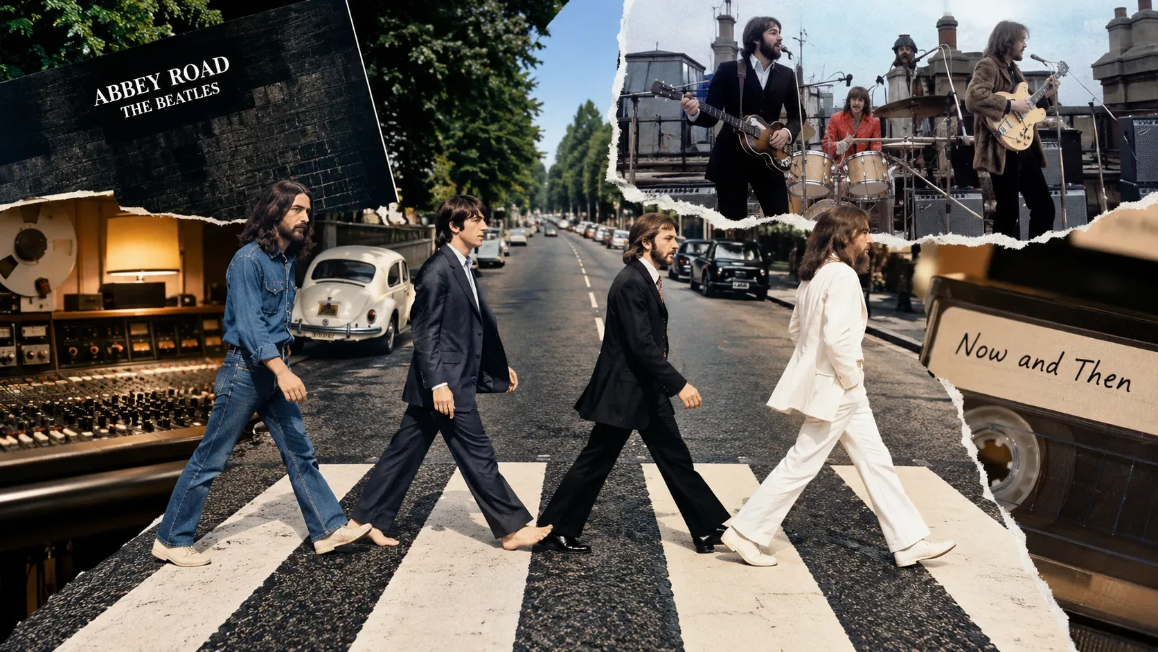 Colagem artística dos Beatles atravessando a faixa de Abbey Road, com estúdio de gravação, apresentação no telhado e uma fita identificada como Now and Then.