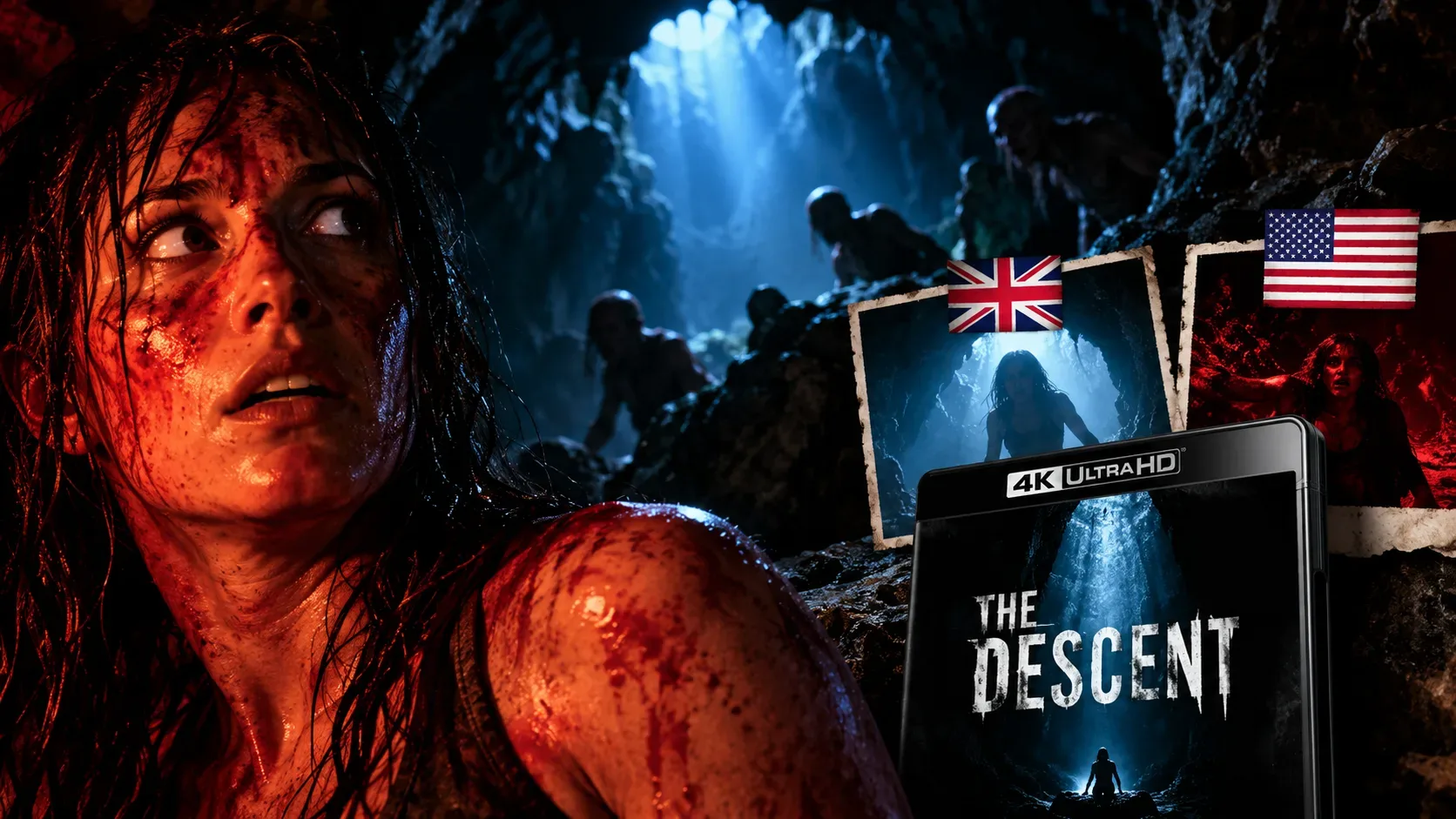 Montagem de terror com mulher ensanguentada à esquerda, caverna azulada e criaturas sombrias ao fundo, estojo 4K de The Descent e bandeiras do Reino Unido e dos Estados Unidos.