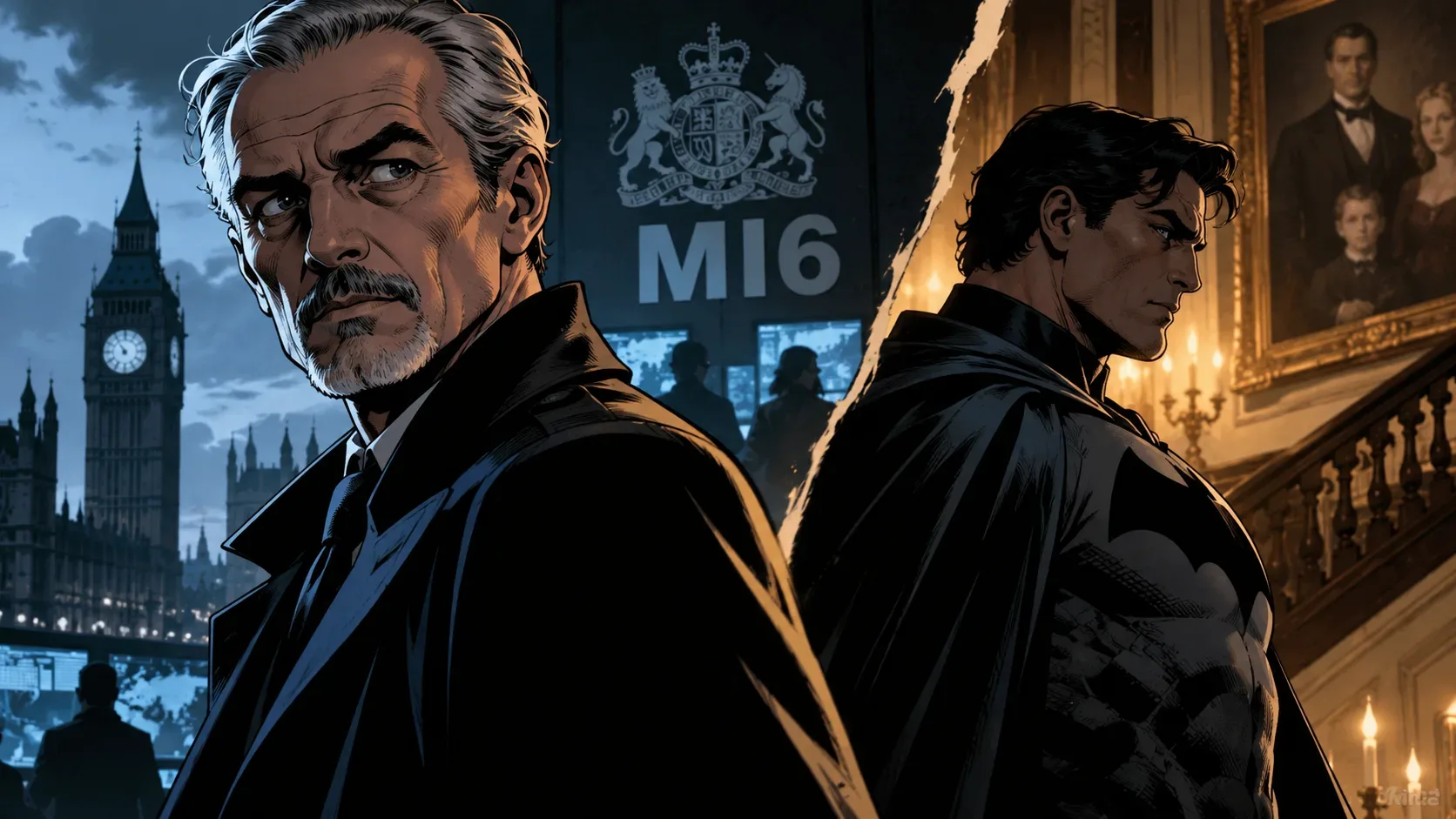 Ilustração dividida: Alfred de sobretudo diante de Londres e de uma placa do MI6, enquanto Batman aparece diante de uma mansão iluminada em tons dourados.