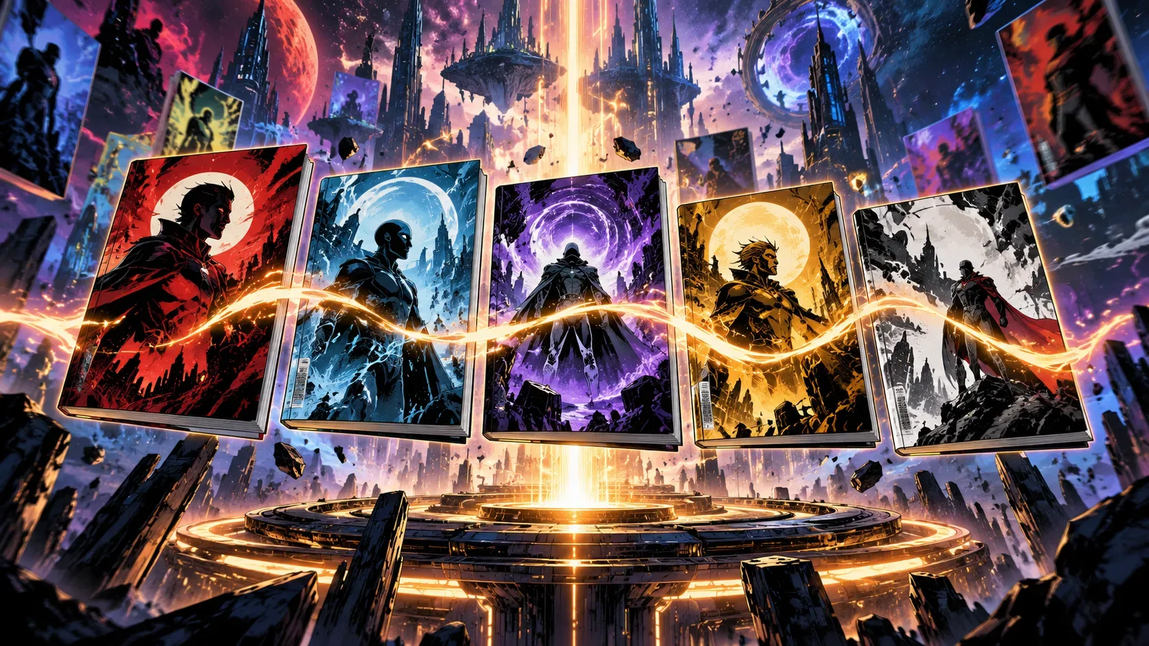 Cinco revistas de quadrinhos fictícias flutuam diante de uma cidade futurista e portais cósmicos, conectadas por uma faixa de luz dourada.