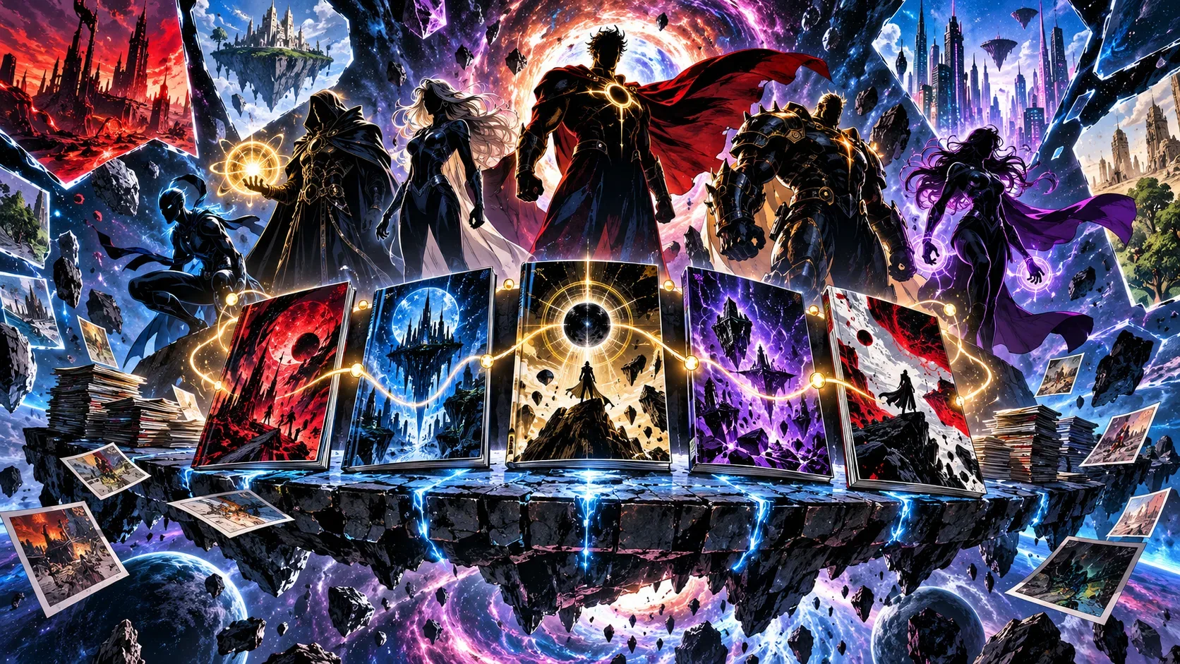 Arte editorial com cinco capas de quadrinhos conectadas por luz dourada em uma plataforma cósmica, silhuetas de heróis originais e fragmentos de diferentes mundos.