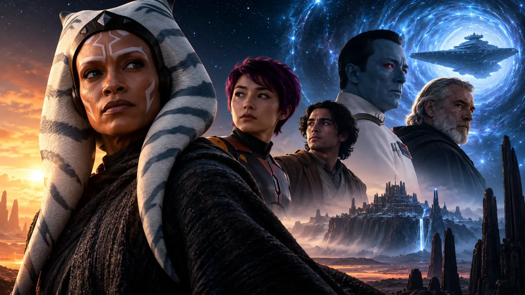Arte horizontal com Ahsoka em primeiro plano, Sabine, Ezra, Thrawn e Baylan sobre uma paisagem alienígena, diante de um céu estrelado azul e alaranjado.