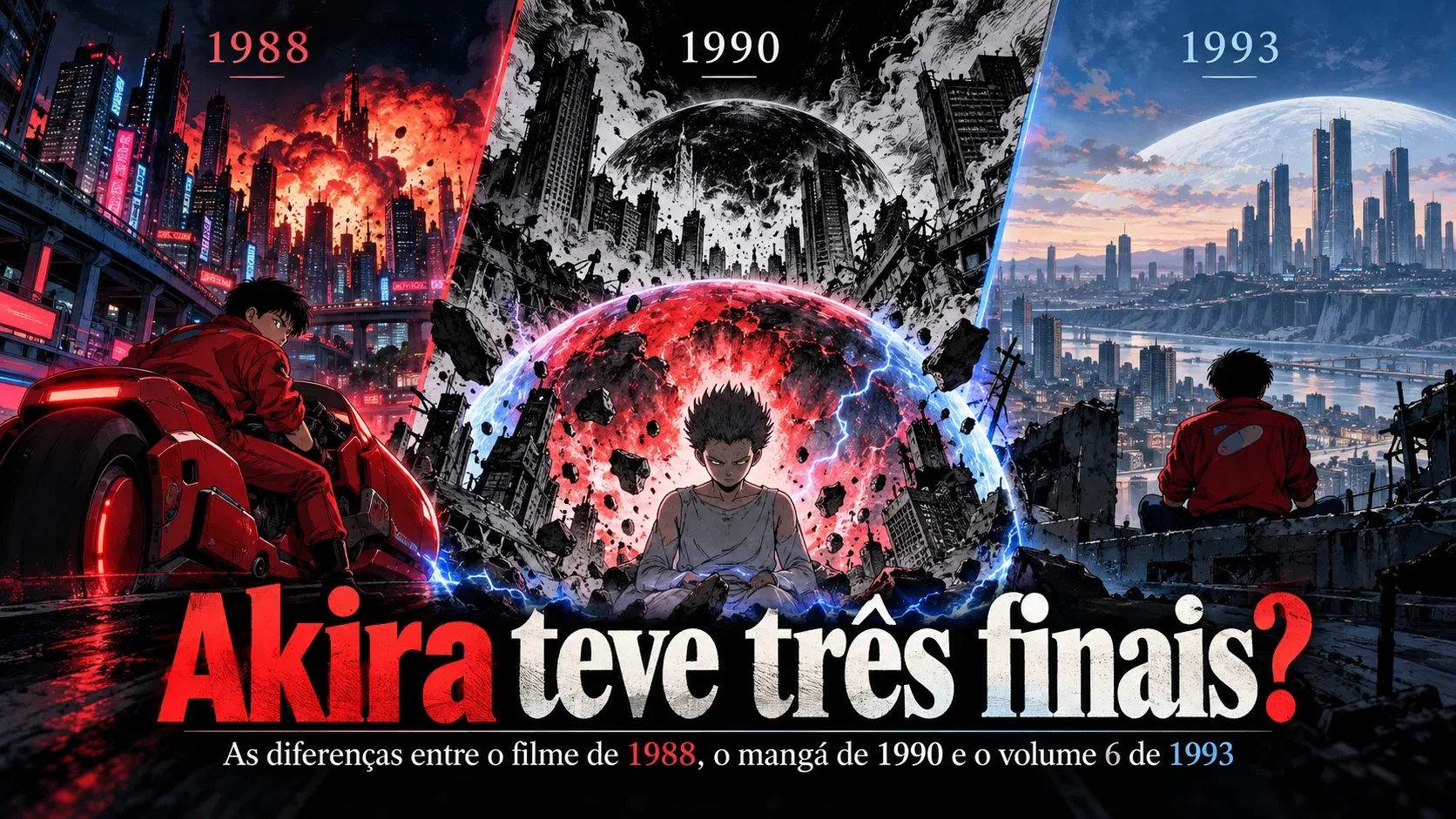 Capa ilustrada de Akira em três painéis: moto vermelha e explosão em cidade neon sob 1988, jovem entre ruínas e energia sob 1990 e motociclista diante da cidade sob 1993; manchete na parte inferior.