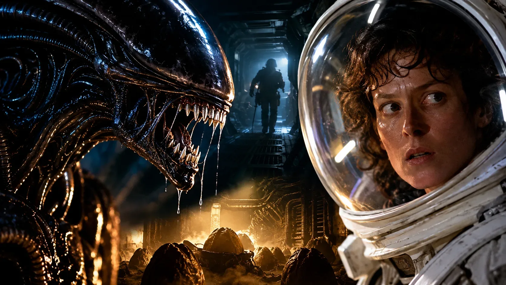 Arte cinematográfica de terror espacial com criatura biomecânica à esquerda, mulher de capacete à direita, corredor de nave e formas semelhantes a ovos ao fundo.