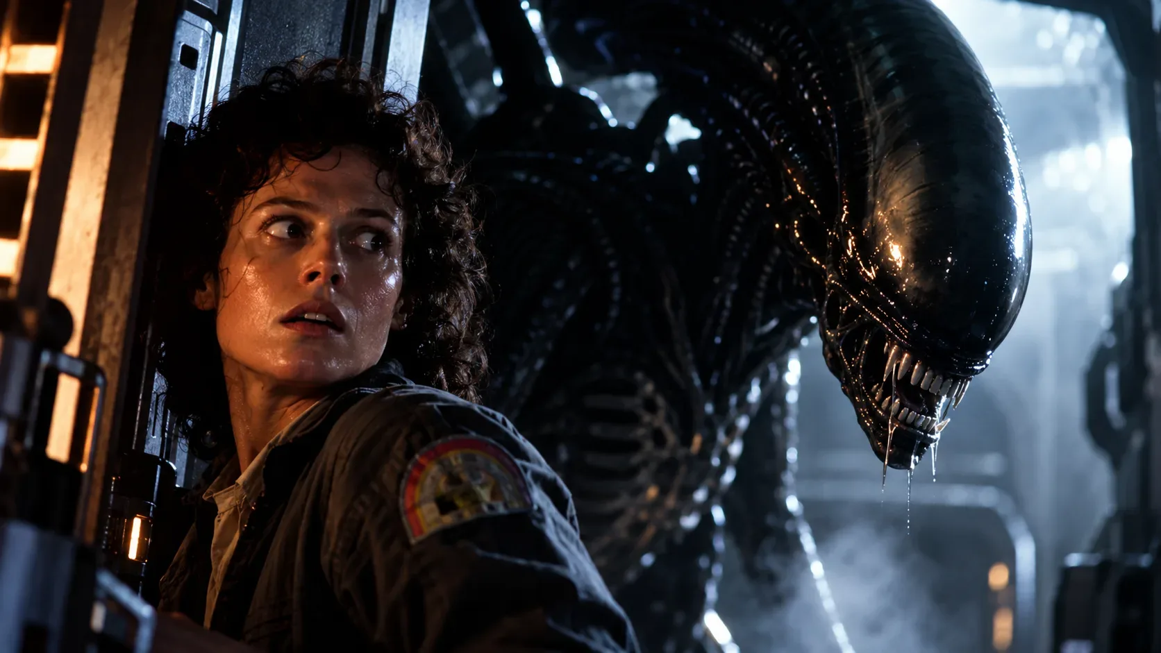 Tripulante em corredor metálico escuro de nave espacial, diante de criatura alienígena negra com cabeça alongada, entre luzes azuis e âmbar.