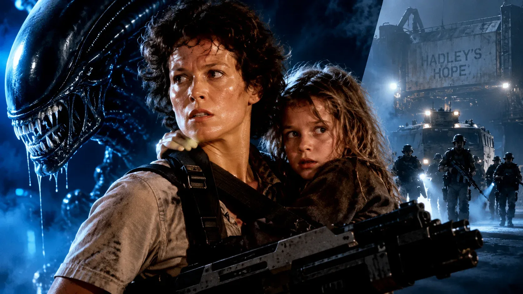 Ilustração cinematográfica azulada de Ripley protegendo Newt, com um xenomorfo à esquerda e fuzileiros diante de uma instalação colonial ao fundo.