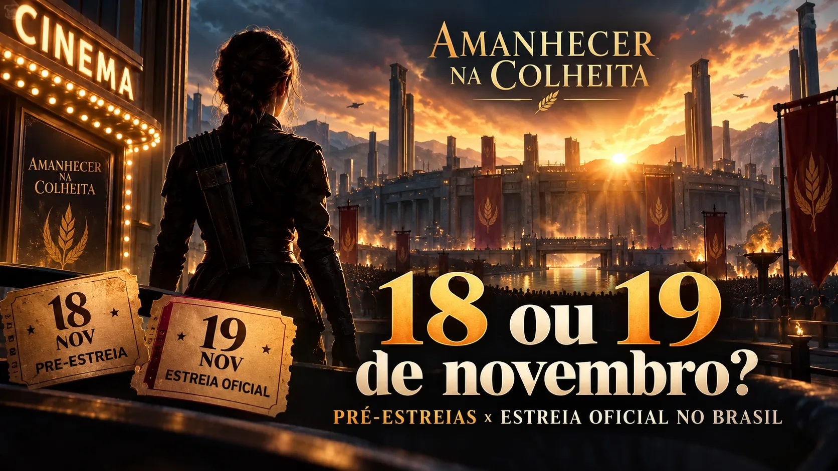 Arte cinematográfica com jovem de trança vista de costas diante de uma cidade ao amanhecer, ingressos para 18 e 19 de novembro e chamada sobre a estreia do filme.