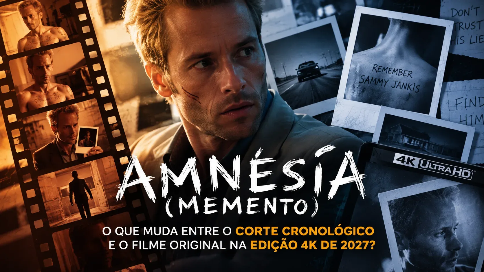 Capa editorial de Amnésia (Memento) em tons azuis e âmbar, com homem apreensivo, tiras de filme, fotografias instantâneas e chamadas sobre a edição 4K de 2027.