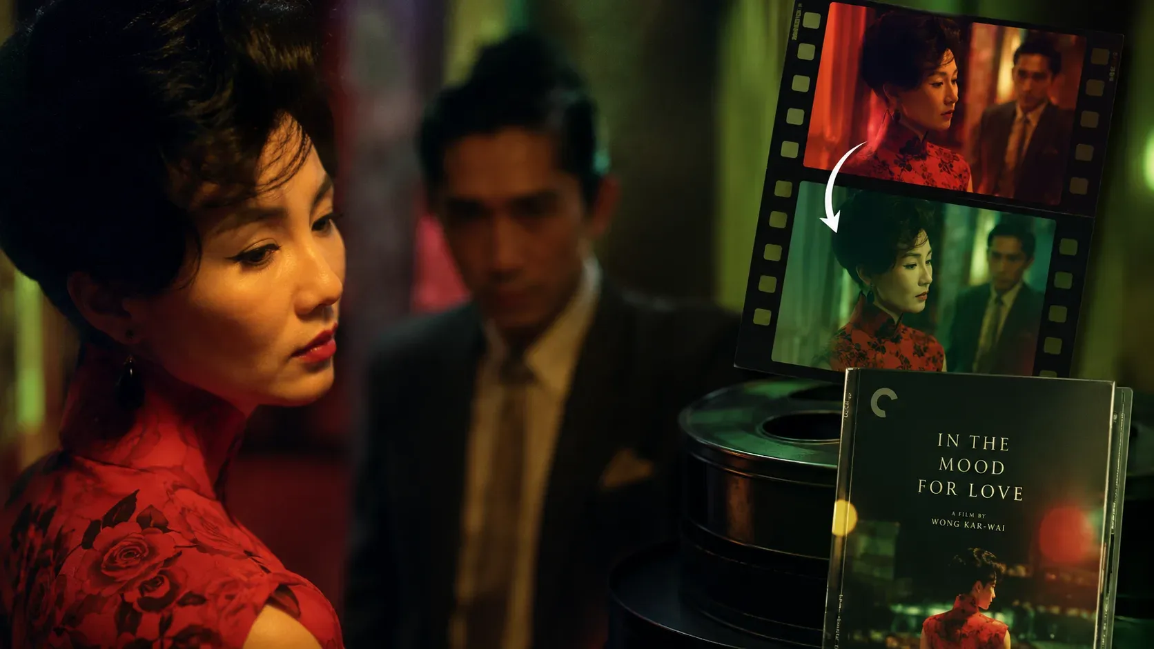 Composição cinematográfica com mulher de vestido vermelho, homem desfocado, fotogramas em tons quentes e esverdeados e rolos de filme.