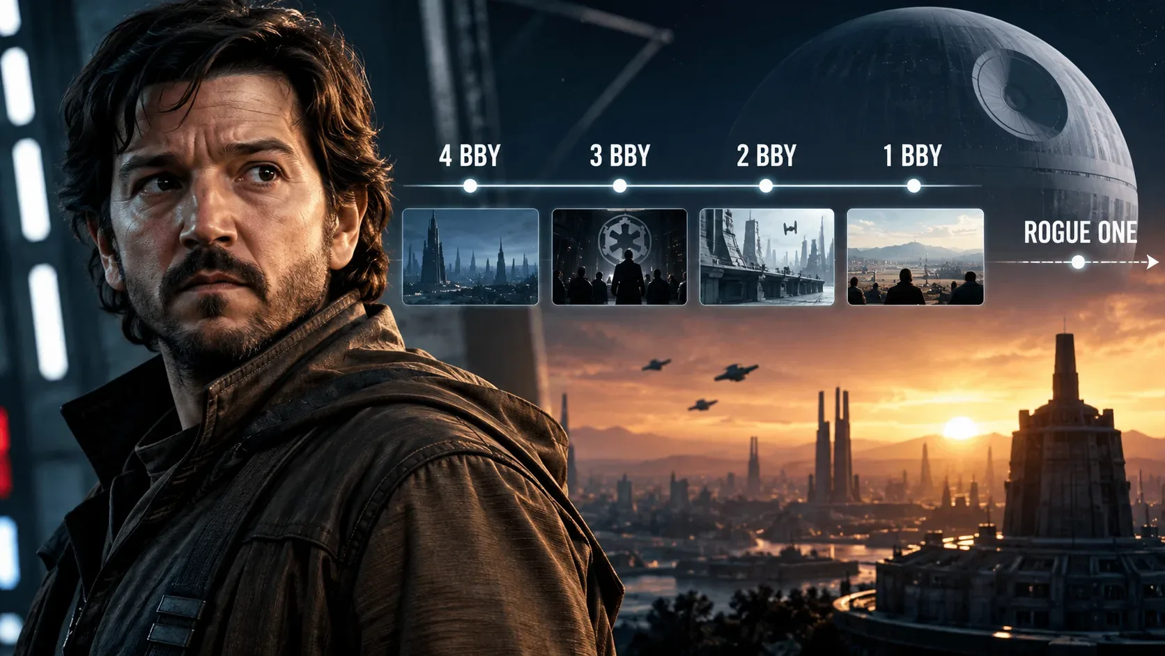 Arte de ficção científica com um rebelde em primeiro plano, cidades futuristas, uma estação espacial e marcadores ilustrados de uma linha do tempo rumo a Rogue One.