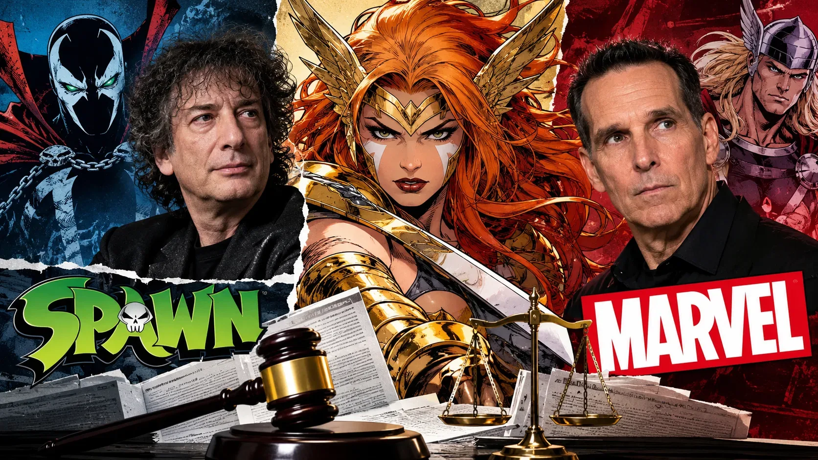 Colagem em estilo de quadrinhos com Angela ruiva ao centro, dois retratos masculinos, referências a Spawn e Marvel, documentos, um martelo e uma balança da Justiça.