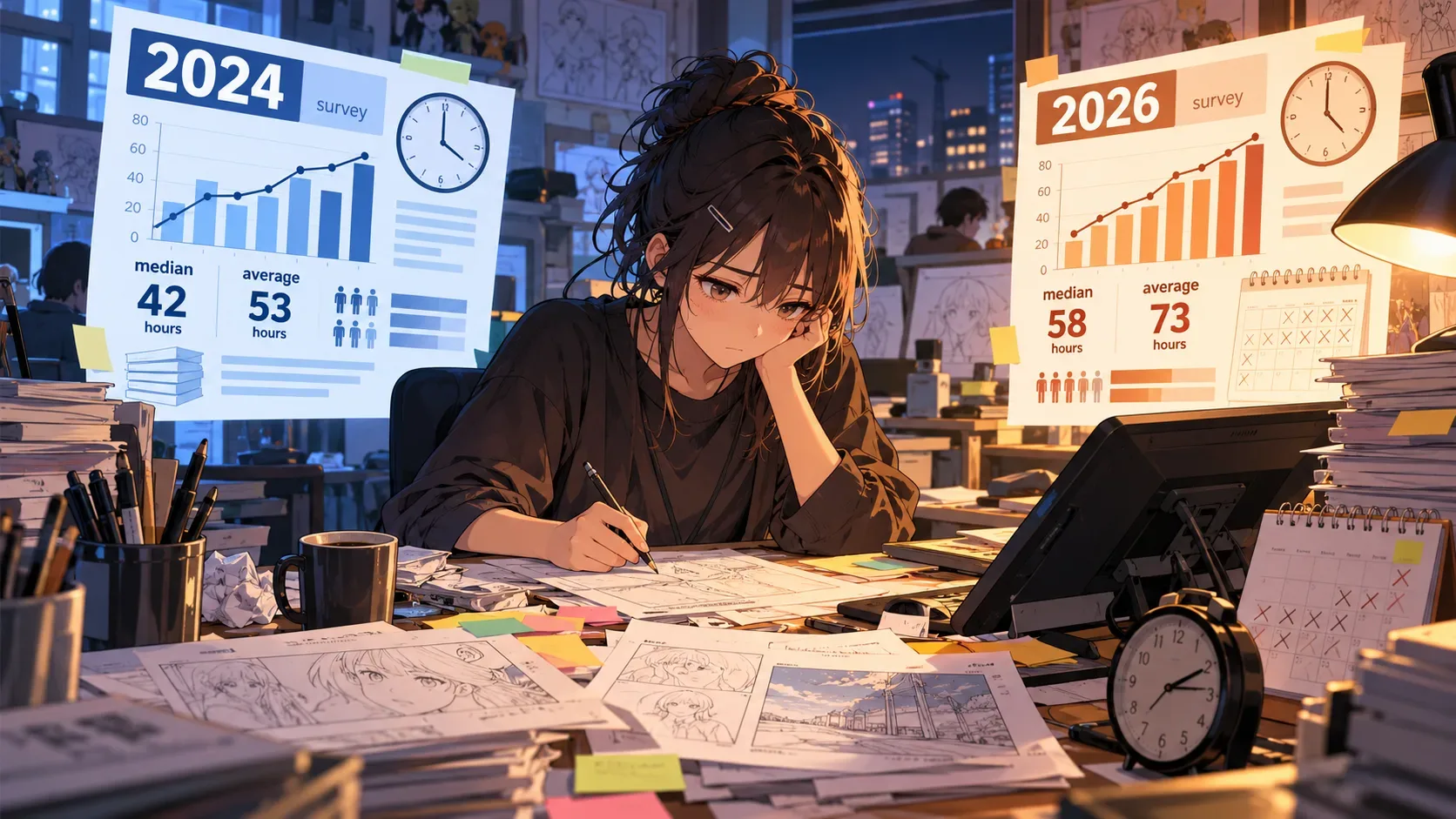 Ilustração de uma animadora trabalhando entre desenhos, mesa digitalizadora, relógios e dois painéis com gráficos identificados como 2024 e 2026.