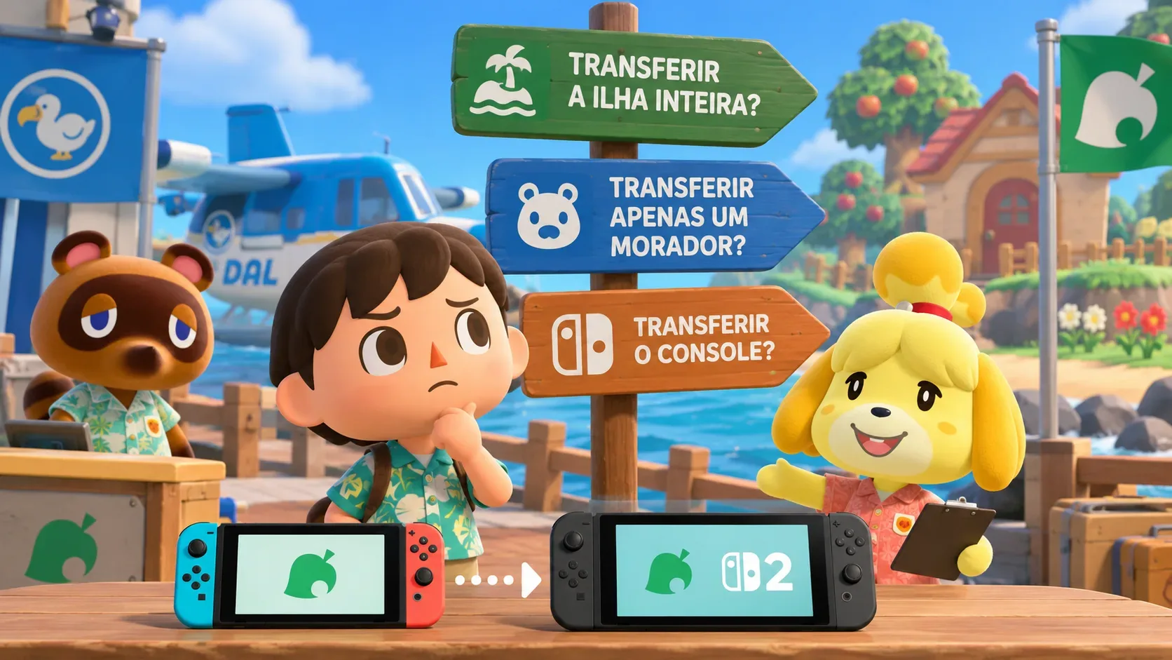 Cena ilustrada de uma ilha com placas indicando três tipos de transferência, dois consoles portáteis e personagens diante de um cais.