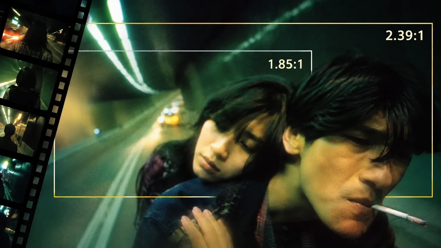 Cena noturna ilustrada com duas pessoas em um túnel de luz esverdeada, tira de película à esquerda e molduras marcadas 1,85:1 e 2,39:1.
