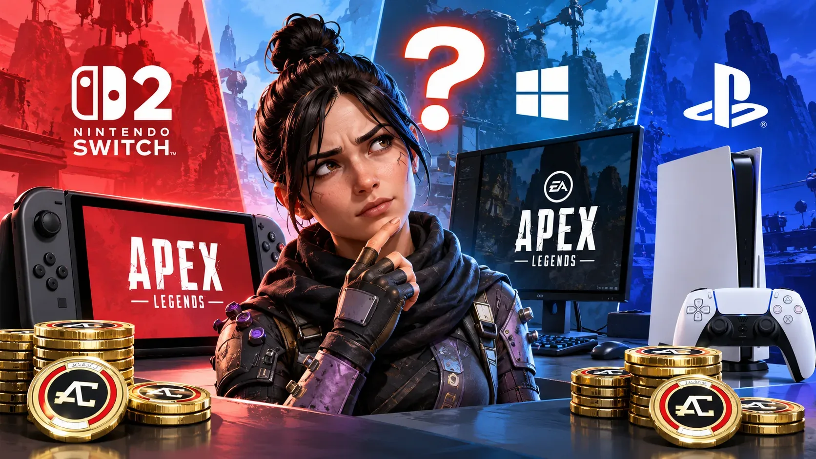 Arte digital com uma personagem pensativa entre Nintendo Switch 2, computador e PlayStation, pilhas de moedas douradas, símbolos das plataformas e logotipos de Apex Legends.