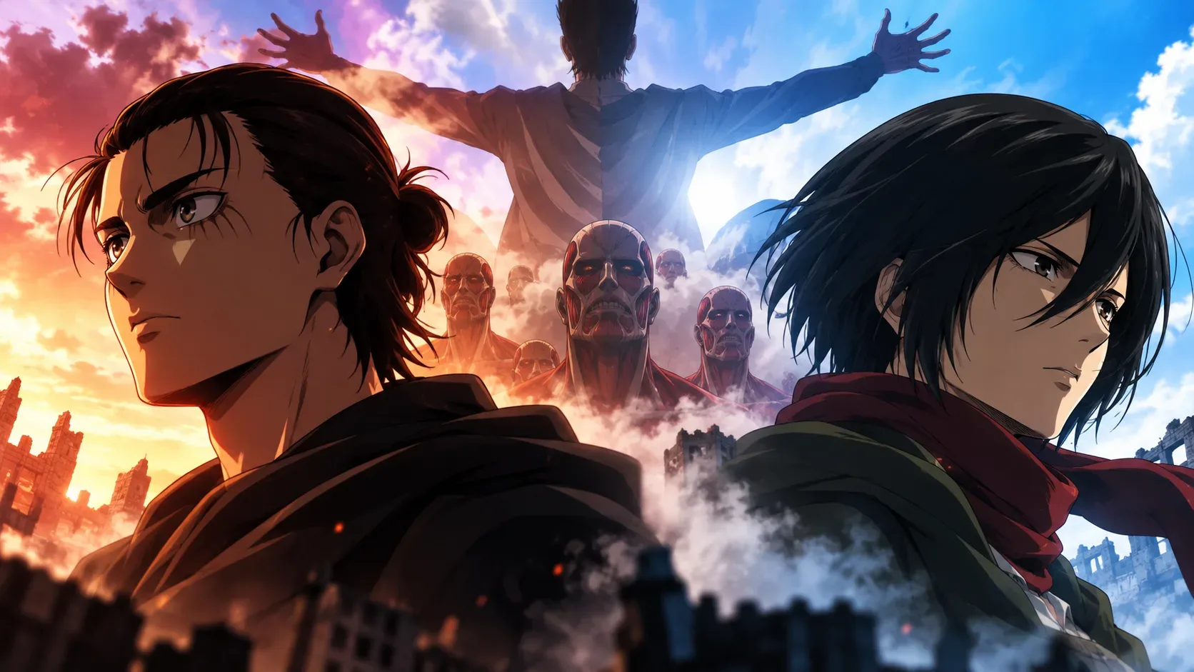Arte em estilo anime com duas figuras de capa em primeiro plano, titãs surgindo entre fumaça e ruínas, céu alaranjado à esquerda e azul à direita.