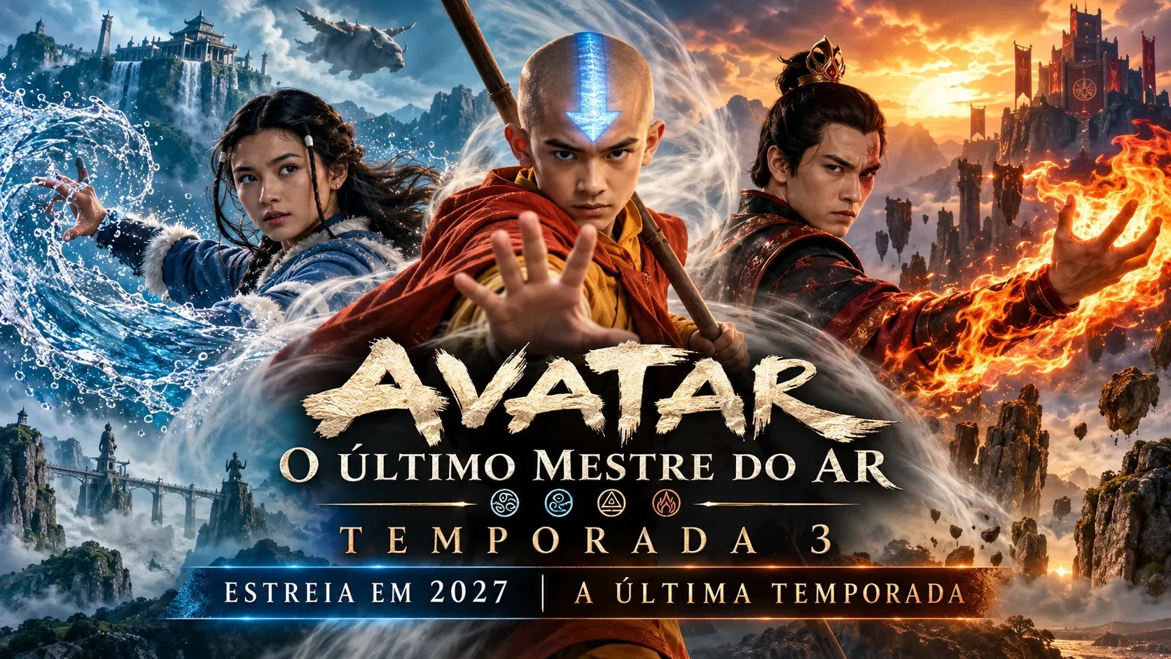 Arte ilustrativa com Aang ao centro, Katara manipulando água à esquerda e Zuko com chamas à direita; textos em português anunciam a temporada final em 2027.