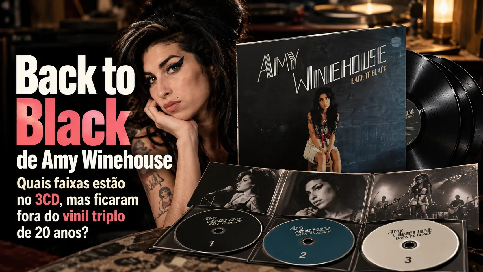 Montagem editorial ilustrativa com retrato de Amy Winehouse, três CDs, discos de vinil e manchete em português sobre as diferenças entre edições.