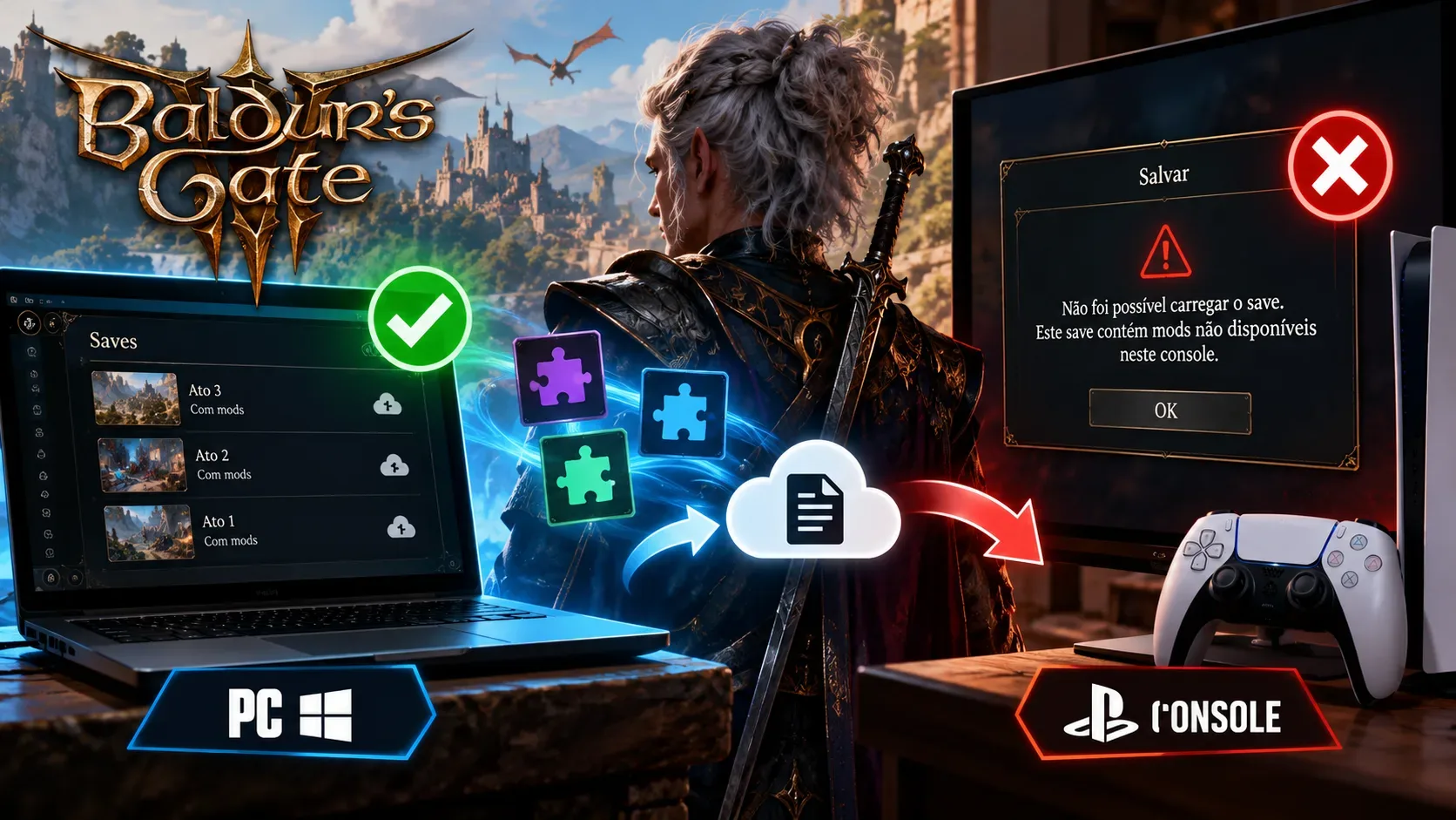 Arte digital com notebook exibindo saves de jogo, aventureiro de fantasia ao centro e console com aviso vermelho de falha no carregamento.