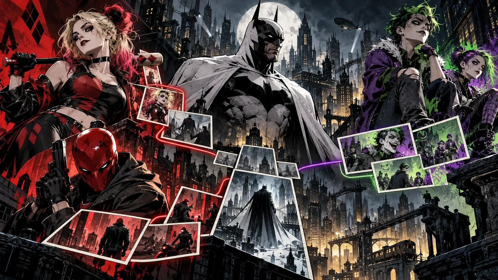 Arte em quadrinhos com Batman de capa branca ao centro, Harley Quinn à esquerda, vigilante de capacete vermelho abaixo e jovens de visual inspirado no Coringa à direita, diante de Gotham noturna.