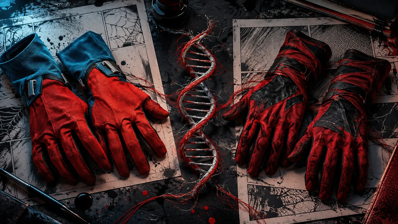 Duas duplas de luvas vermelhas, uma com punhos azuis e outra com detalhes pretos, cercam uma hélice de DNA sobre páginas de quadrinhos em uma mesa escura.