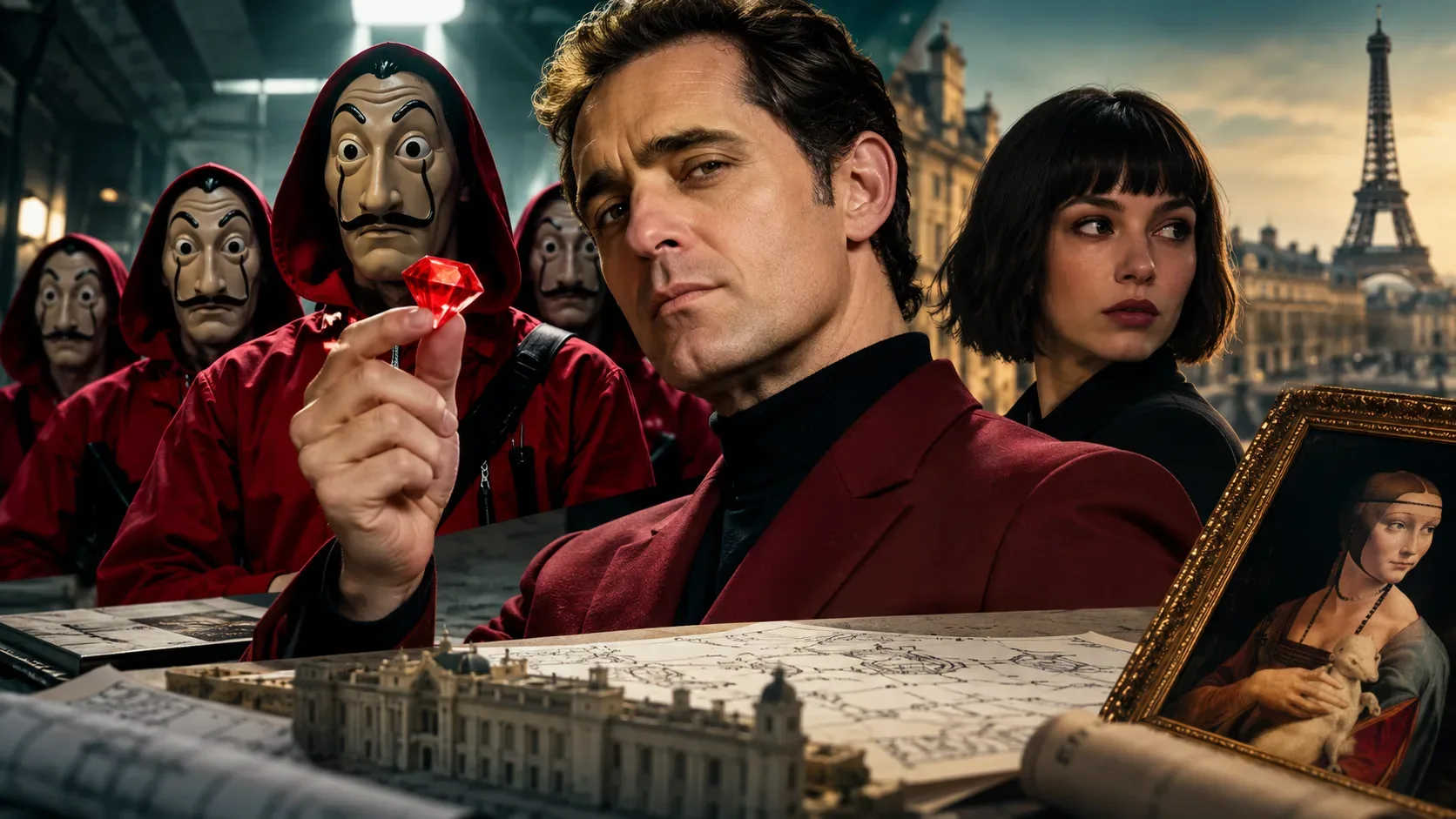 Montagem ilustrada com homem de terno vinho segurando joia vermelha, ladrões de macacões vermelhos e máscaras, uma mulher, a Torre Eiffel e o quadro Dama com Arminho.