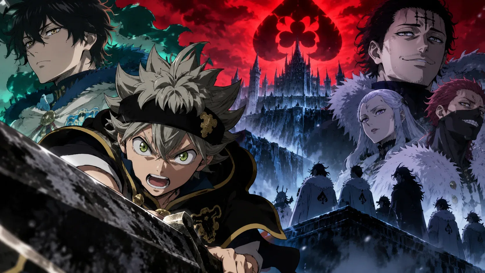 Arte em estilo anime com Asta empunhando uma espada em primeiro plano, Yuno à esquerda e três antagonistas diante de um castelo gelado sob céu vermelho.