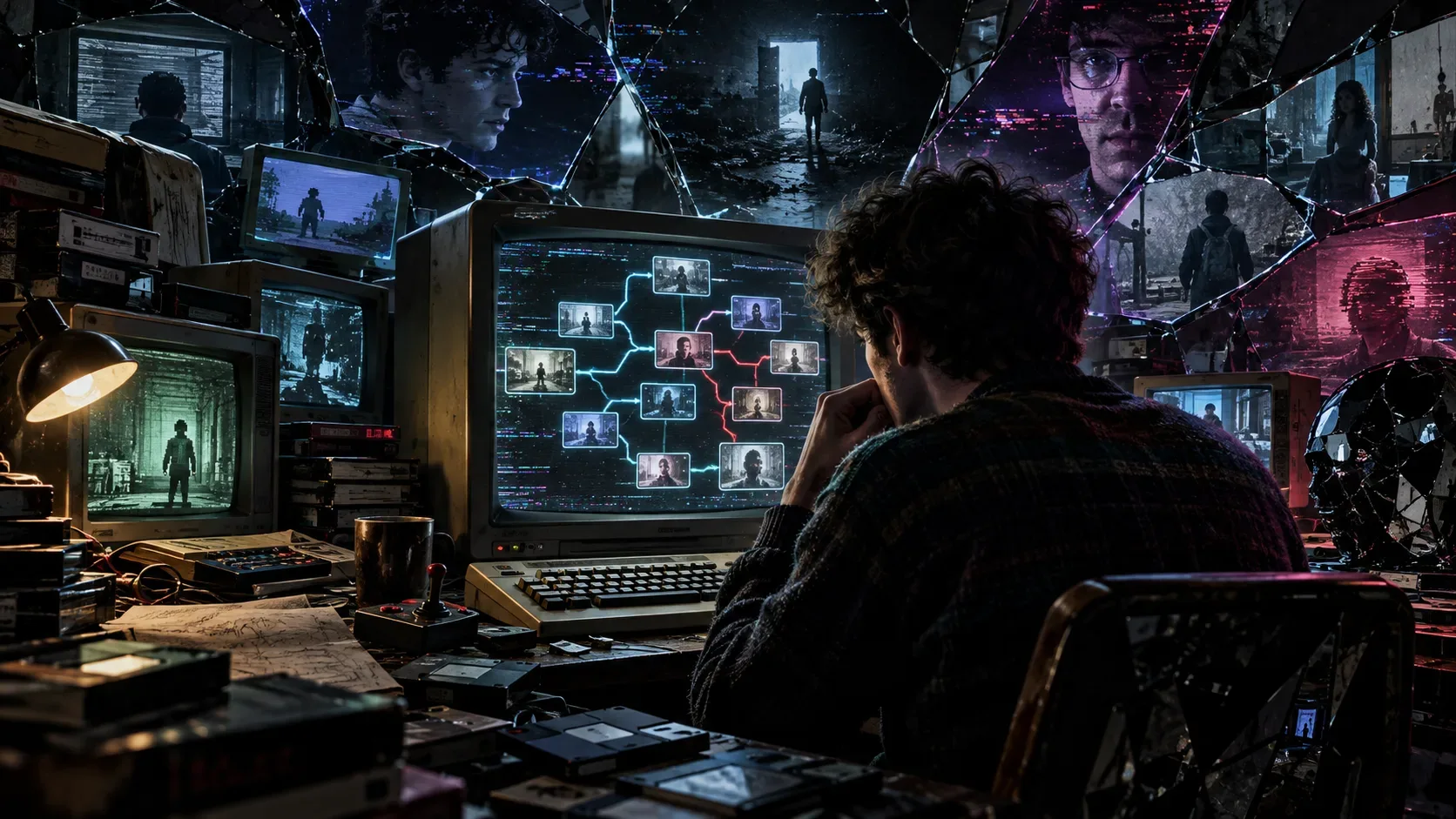 Homem diante de monitores antigos, com caminhos narrativos luminosos na tela central e reflexos digitais fragmentados ao redor.