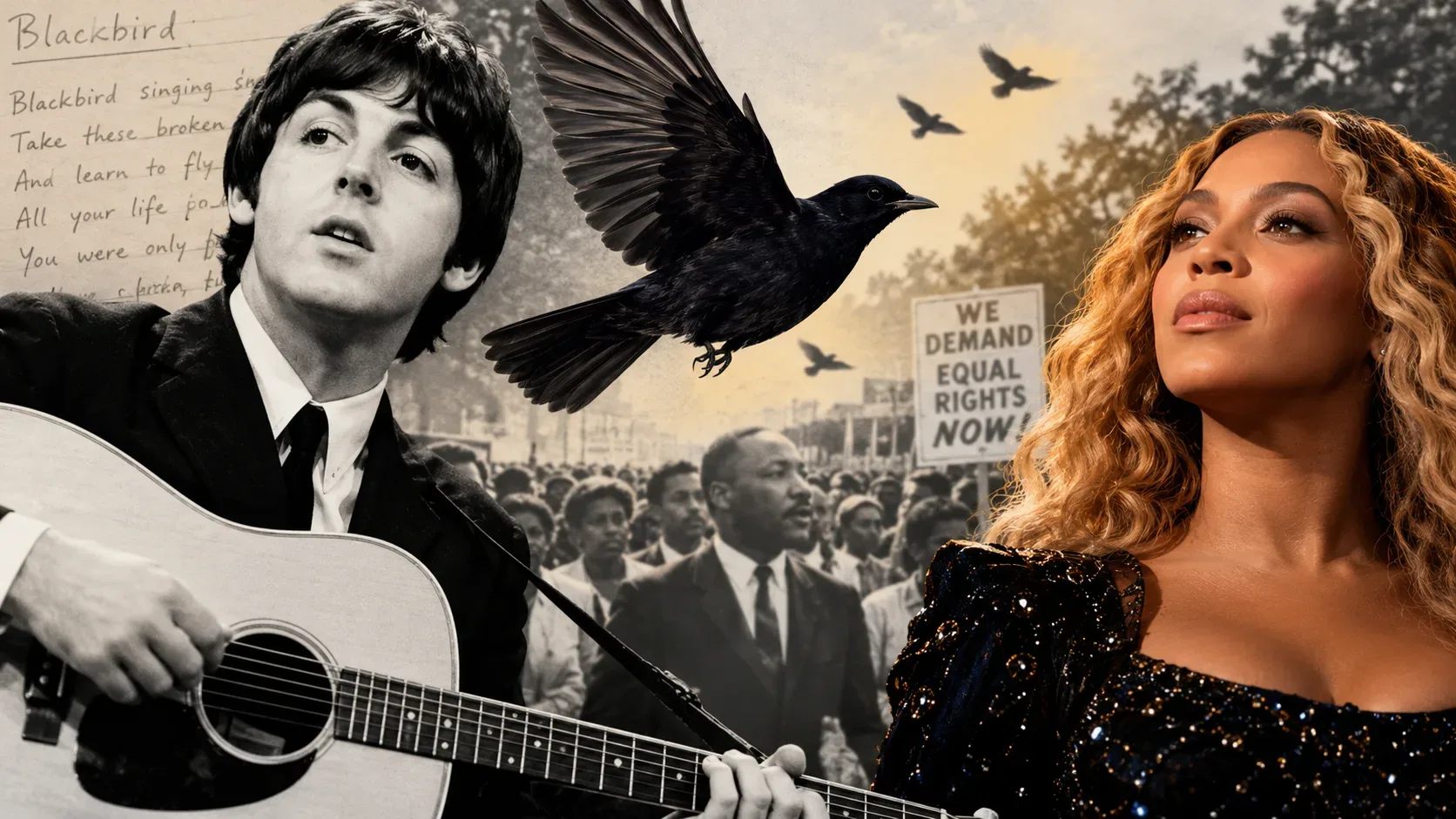 Montagem ilustrativa horizontal com Paul McCartney tocando violão à esquerda, um pássaro preto em voo ao centro e Beyoncé à direita, diante de uma manifestação pelos direitos civis com cartazes e palavras manuscritas.