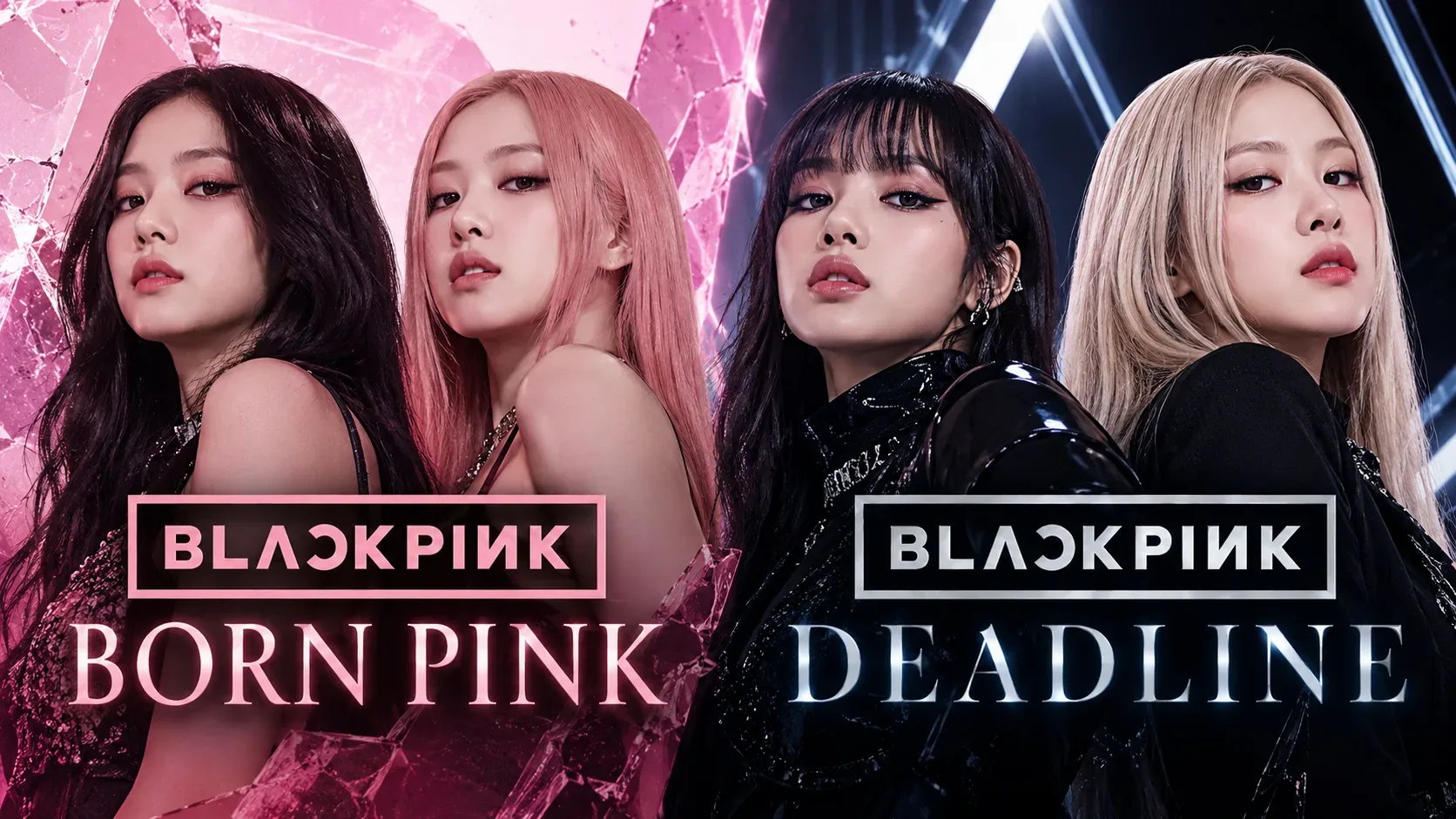 Arte editorial com quatro integrantes representadas lado a lado, fundo rosa à esquerda e escuro à direita, com os títulos BORN PINK e DEADLINE.