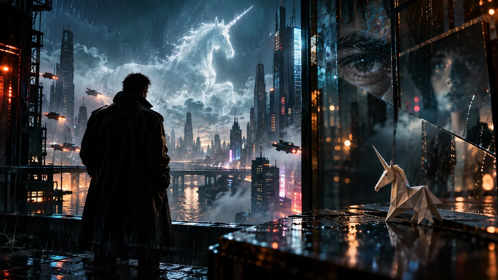 Cidade futurista sob chuva, homem de casaco escuro visto de costas, unicórnio luminoso sobre os prédios, origami de unicórnio e reflexo de um olho no vidro.