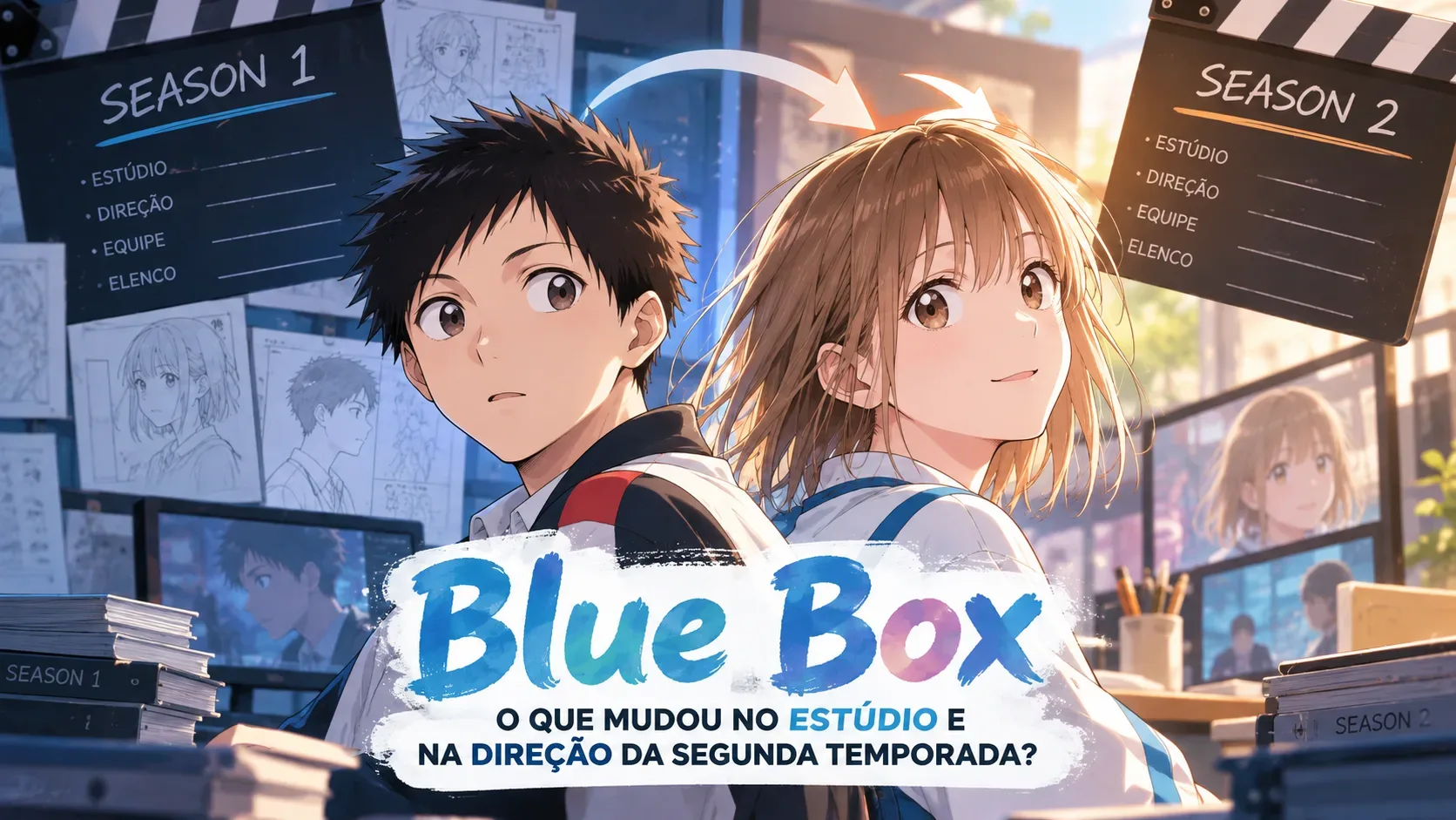 Arte em estilo anime dividida entre tons azuis e dourados, com dois jovens, claquetes das temporadas 1 e 2, setas e o título Blue Box.